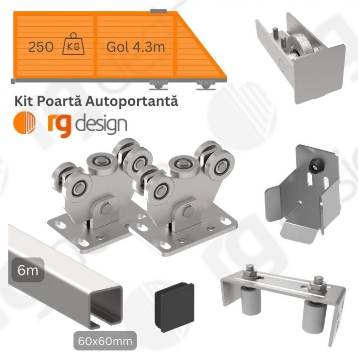 Set complet accesorii metalice poarta autoportanta, gol 4.3m, profil 60x60mm