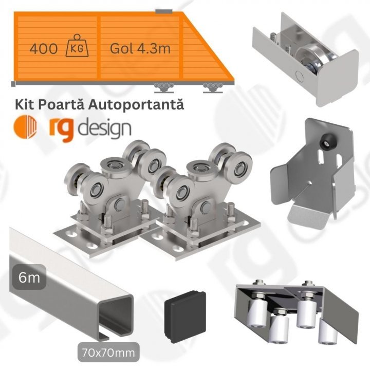 Set complet accesorii metalice poarta autoportanta, gol 4.3m, profil 70x70mm