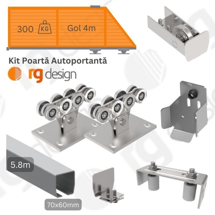 Set complet accesorii metalice poarta autoportanta, gol 4m, profil 70x60mm
